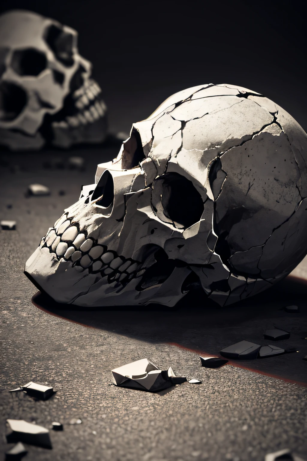 a fallen skull with dark smokie background  