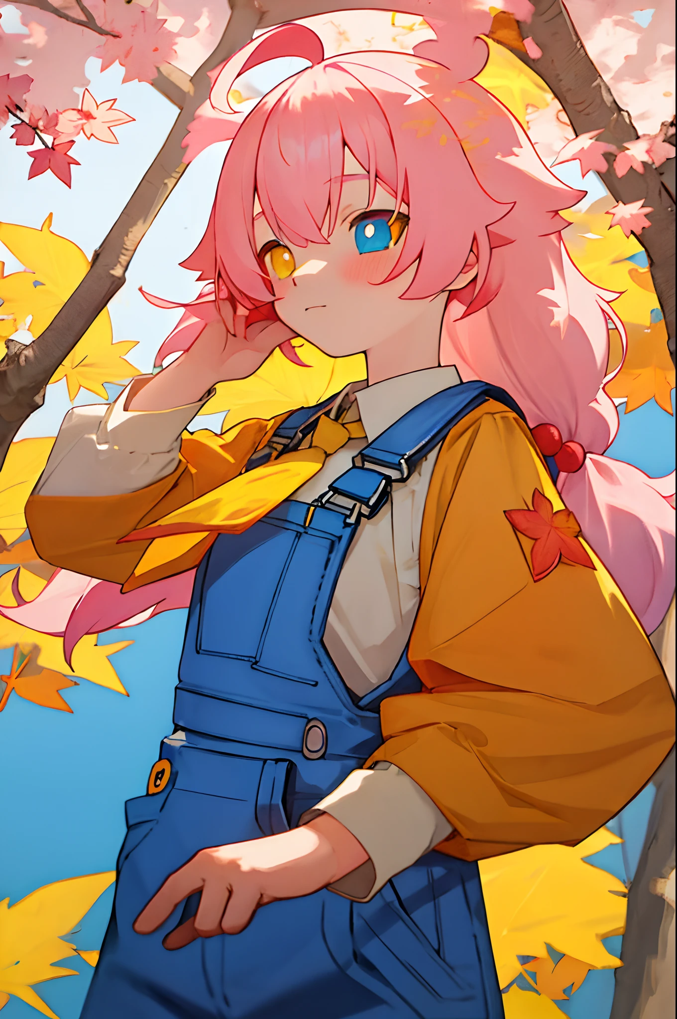  girl，Blue and white overalls，adolable，autumnal，a yellow tie，maple leaves，Heterochromic pupils，Sakura pink hair