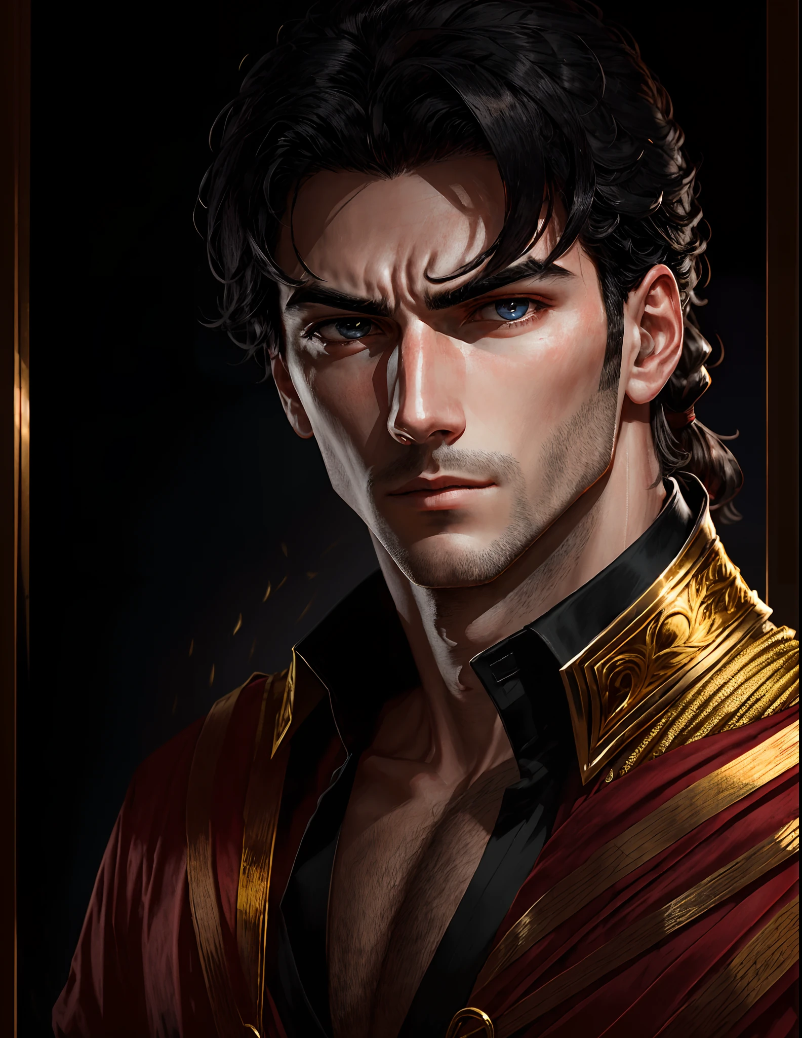 a man with cynical red eyes accompanied by a sharp gaze, jet black hair tied with gold thread. pale face with a sharp chin. not noble but wise.