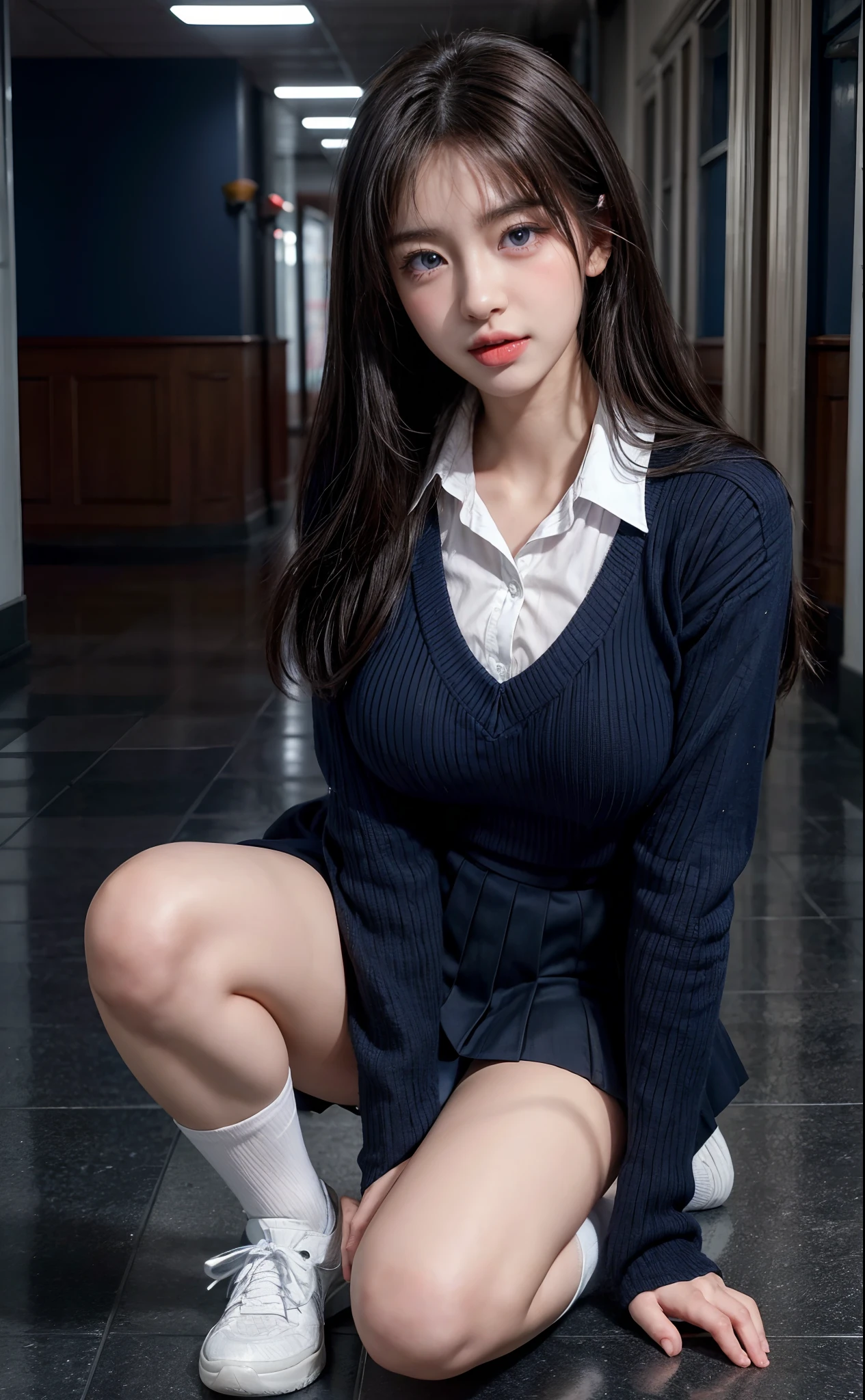masterpiece, hi-school girl、Blue Eye、Bright brunette、(School Uniforms:1.5)、(M-shaped legs:1.5)、opens legs、(exposing her big breasts:1.5)、Navy Socks、Wear upper shoes、(Bright hallway of a bright school:1.5)the viewer, Realistis, full body Esbian, radical, Haute, (Spread the pubic area with your fingers:1.5)RAWExtremely detailed, Ahegao, rolling her eyes, red blush, water running in mouth, Sticky tongue, Very gigantic-breasts, sexual excitement, Sex Expressions, shinny skin。
