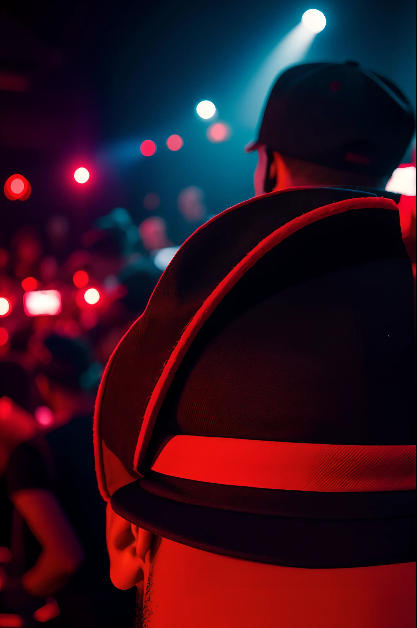 There is a black guy Wearing a red hat from back in a night club, High Res, 8k,