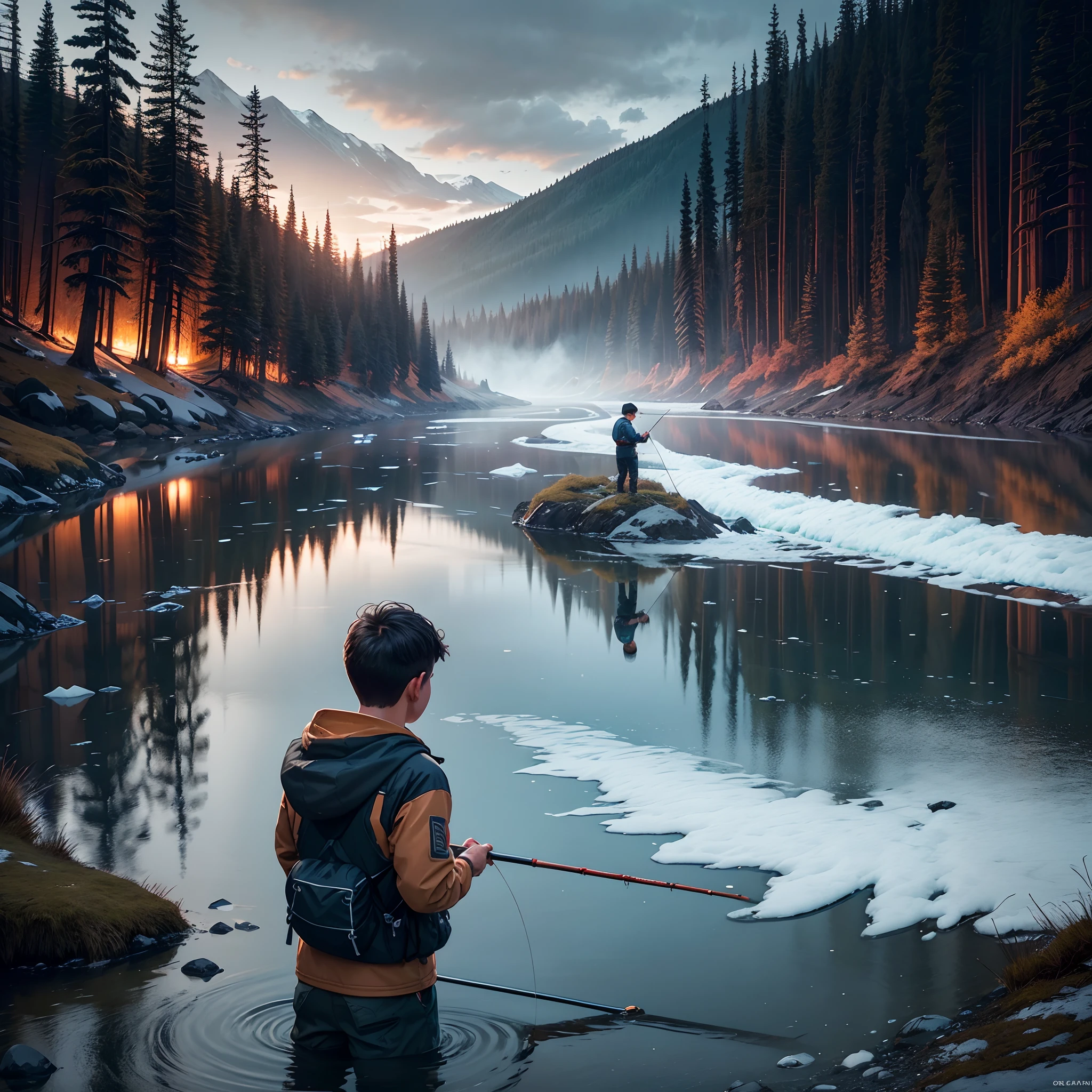 Capture a breathtaking moment in the Alaskan wilderness where a young boy is fishing for salmon by the river. Highlight the dramatic lighting and intense atmosphere, showcasing the boy's determination and the sparkling water reflecting the vibrant colors of the landscape. Ensure a fotorrealistic style and vivid details of the man's fishing equipment, creating a powerful and inspiring image."