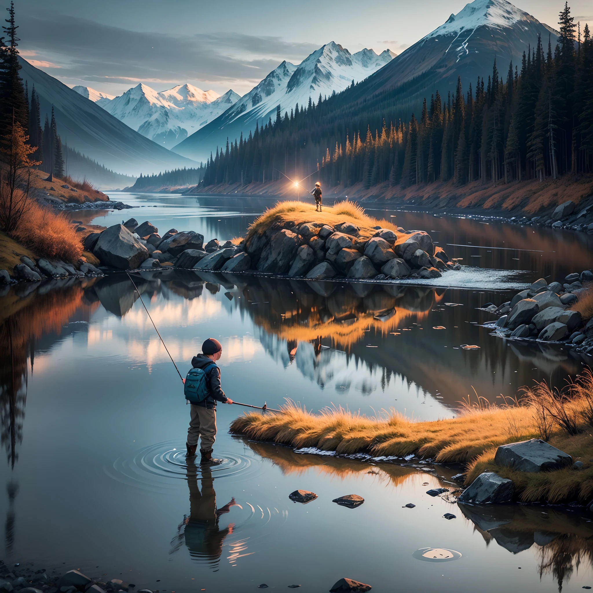 Capture a breathtaking moment in the Alaskan wilderness where a young boy is fishing for salmon by the river. Highlight the dramatic lighting and intense atmosphere, showcasing the boy's determination and the sparkling water reflecting the vibrant colors of the landscape. Ensure a fotorrealistic style and vivid details of the man's fishing equipment, creating a powerful and inspiring image."