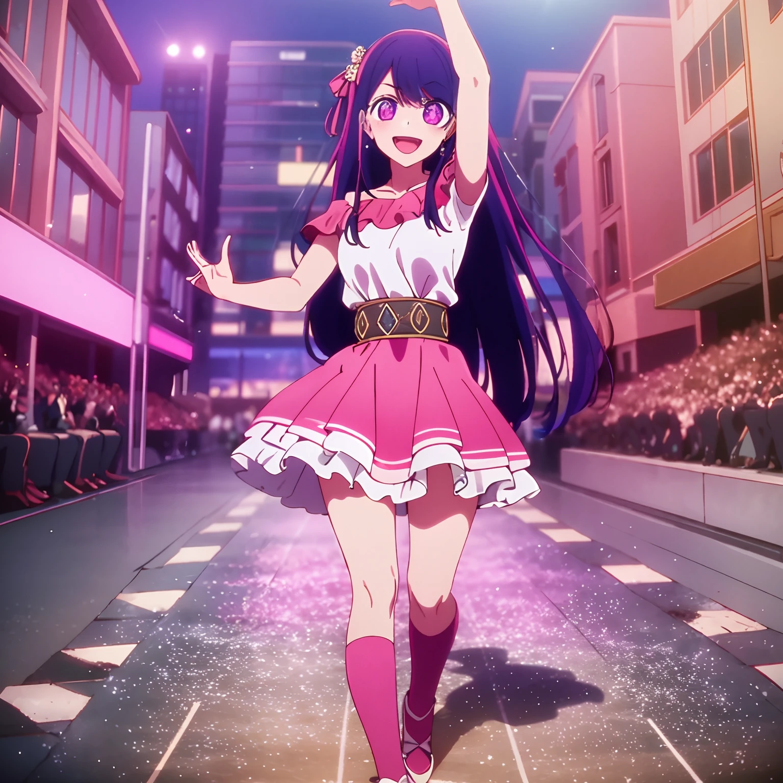 masterpiece、ighly detailed、(1 girl in:1.2)、full body、 purple color hair、pink dress、big eye、a closeup、A smile、8K 、Ai Hoshino、Live performance venue、dance、idol