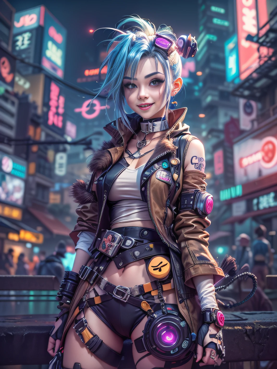 ((Jinx wears a Harajuku Tech costume), (fisheyelens), self-shot, Cowboy shot, Wind, Messy hair, cyberpunk city landscape, (Aesthetics and atmosphere:1.2),Smiling, Laughing，wide wide shot