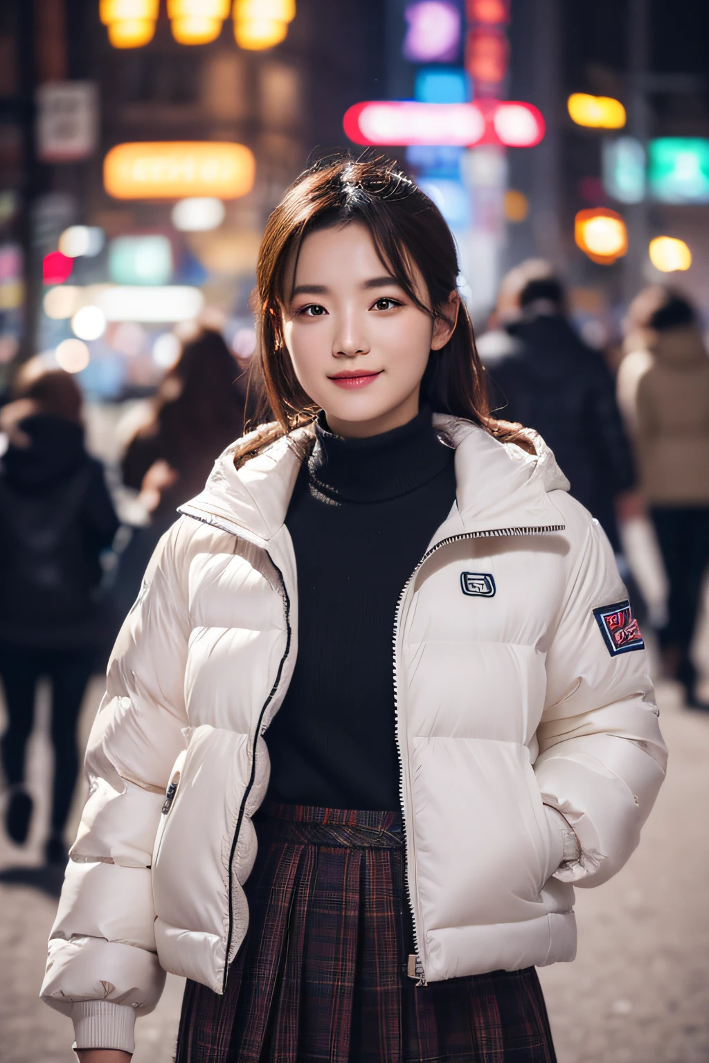 tmasterpiece， best qualtiy， 8K， Super detailed skin， perfect anatomia， 1girll， Skirts and jackets，ssmile， （The city that never sleeps, Xi'an Tang City：1.3）， （depth of fields），（The lens glows） ，Sony 7， 35mm， F1.8， physically-based renderingt，