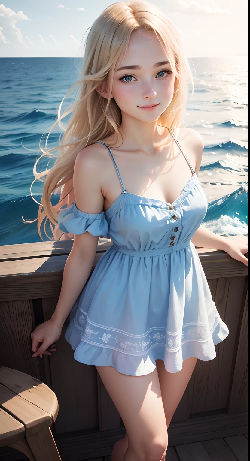 Full portrait photo from top to bottom of an 18 year old girl as pretty as in a fairy tale, wearing a modern, cool short dress, shoulder-length silky blonde hair, blue eyes, smiling brightly, standing next to her nose ship on the clear blue sea