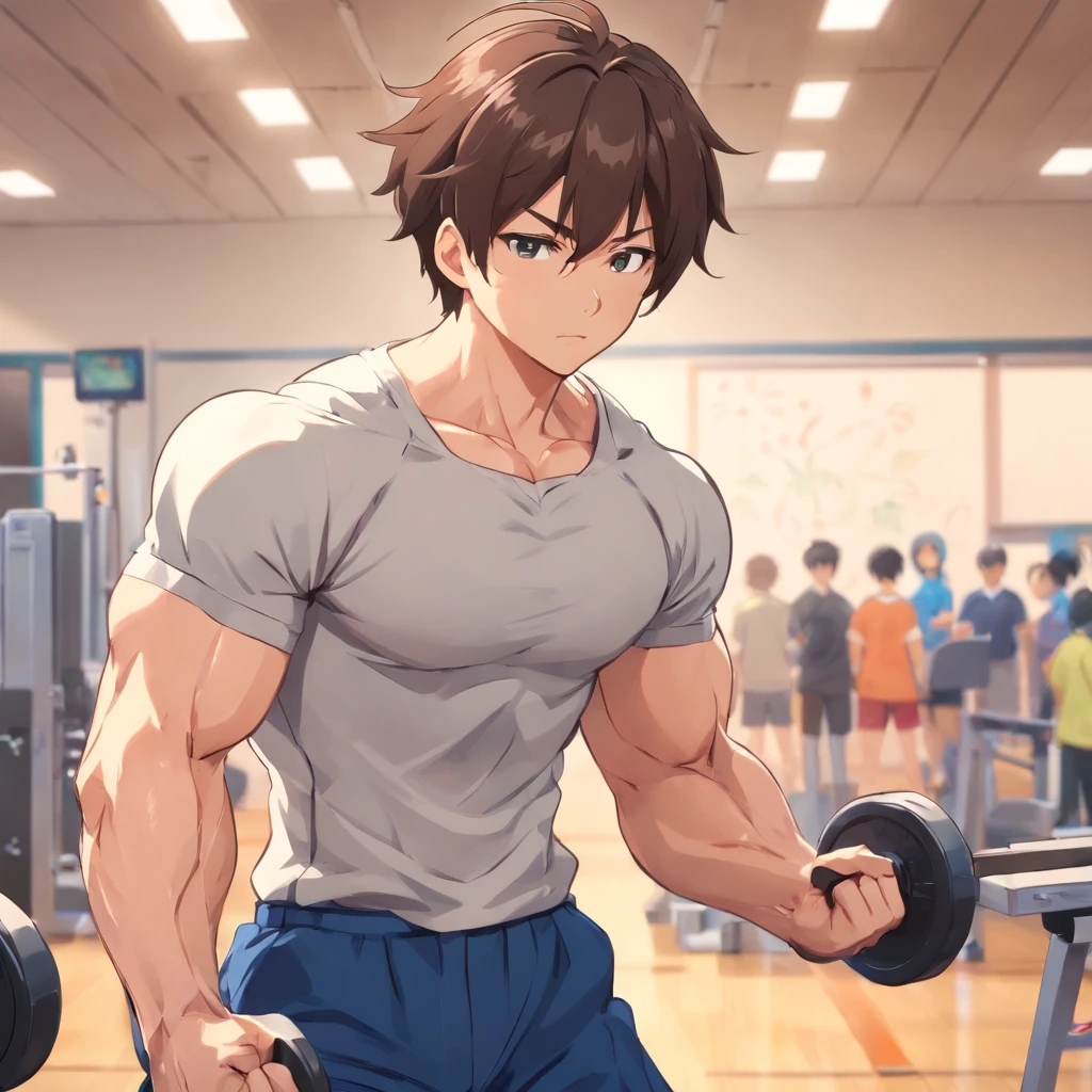 muscular,younge boy, Short-sleeved school uniform for male students,Swollen muscles,junior school student,adolable,Handsome,Show a strong body in an empty classroom, Sharply defined、fine muscles,sweat shorts,deltoids,Biceps,chest muscle,Abs,trapezius muscle,Latissimus dorsi,triceps,Quadriceps,