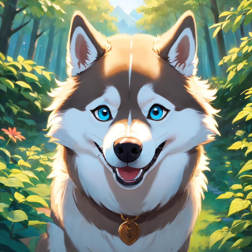 A Siberian husky looking into the camera with a look of surprise and confusion, Looking with his head turned sideways, num lindo jardim