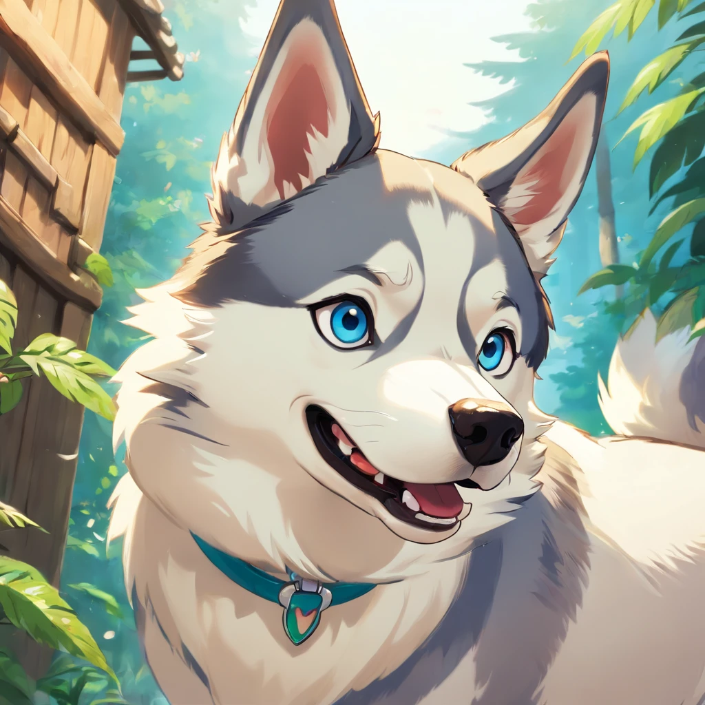 A Siberian husky looking into the camera with a look of surprise and confusion, Looking with his head turned sideways, num lindo jardim