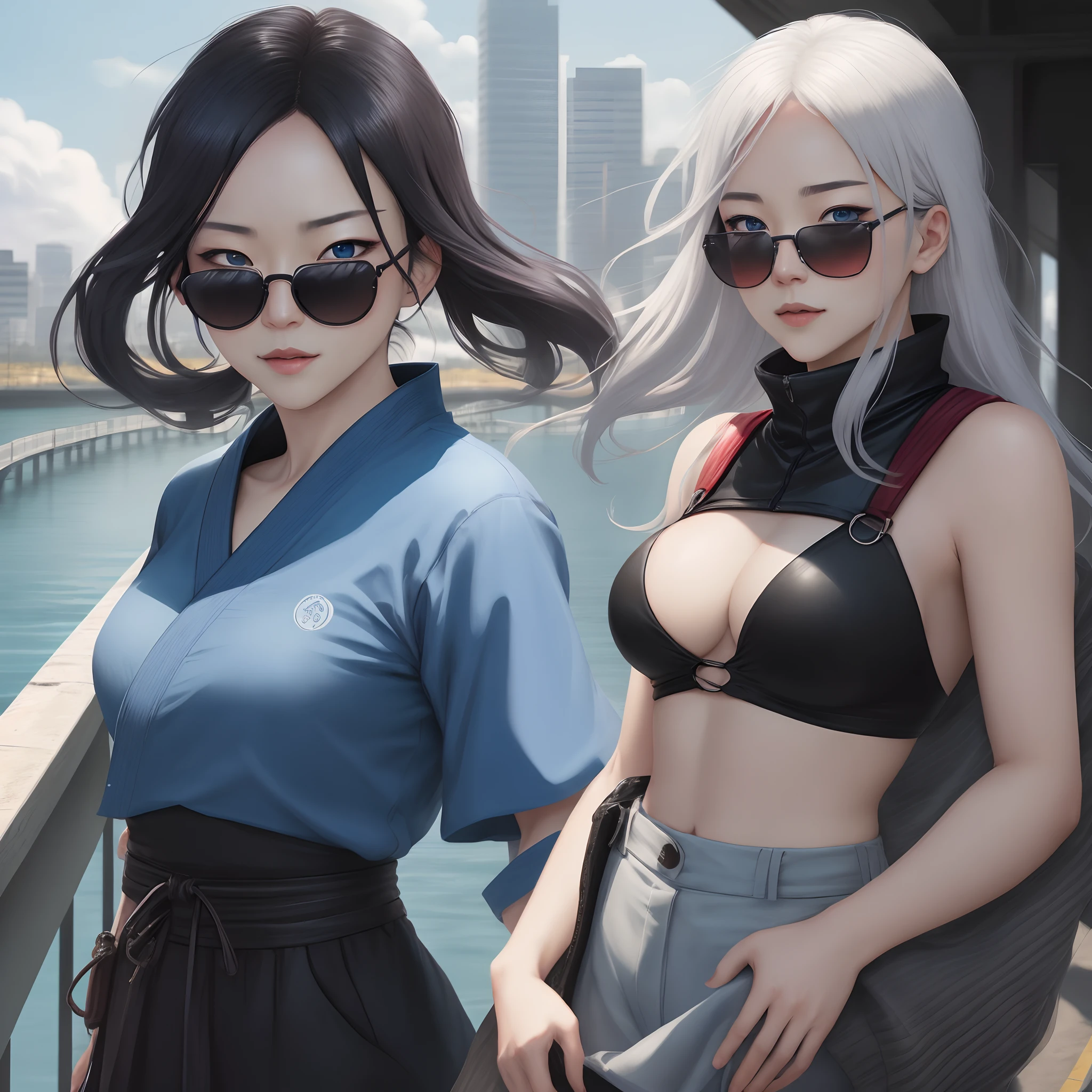 Satoru Gojo, Jujutsu Kaisen, as a gorgeous woman with white long length hair, wearing round black sunglasses and blue galaxy in her eyes, Sunglasses on the bridge of her nose, revealing her deep blue eyes, looking at viewers, hyper-realistic atmospheres, details, 8k,