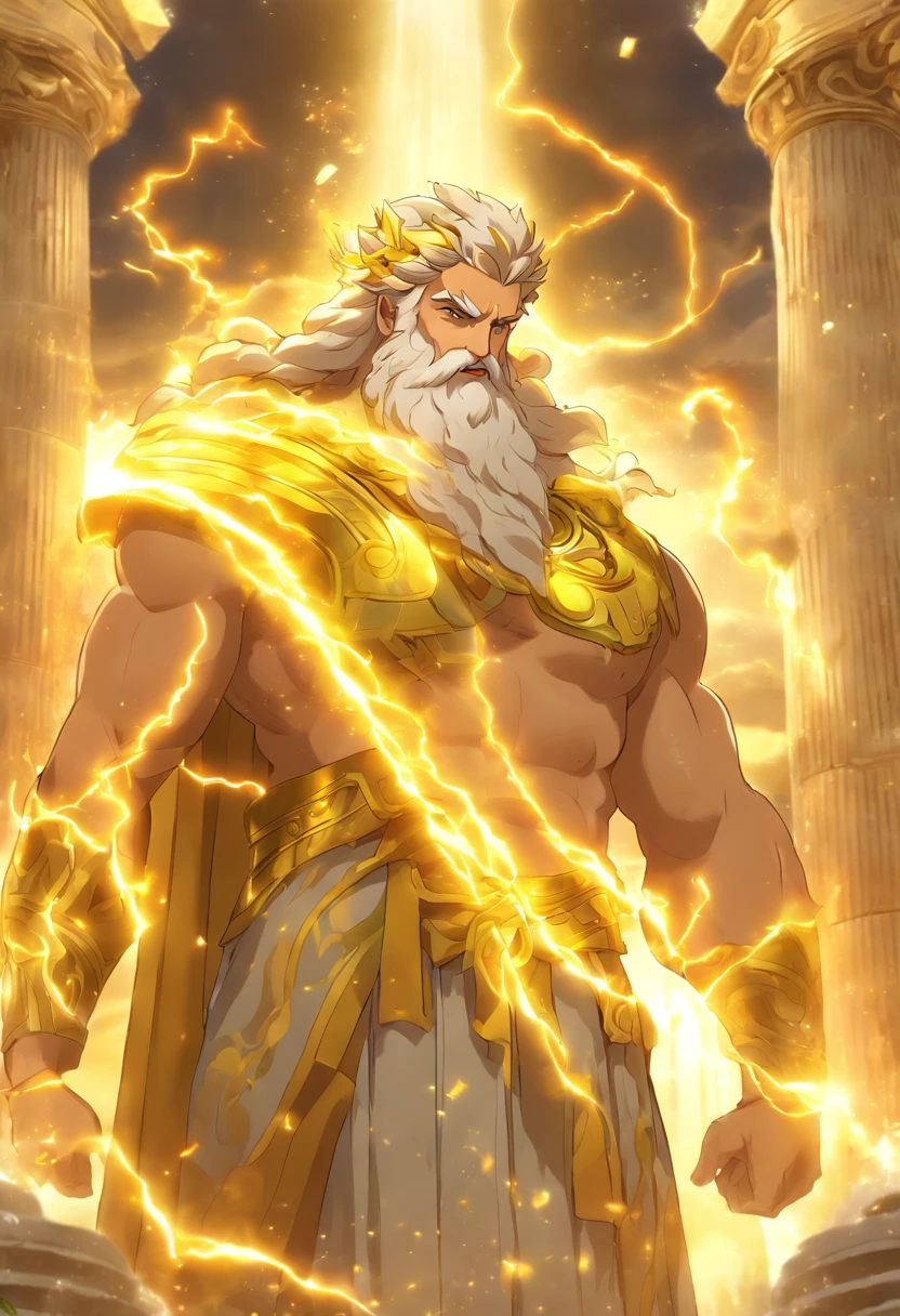 (((Zeus yellow ray)))best quality, very high resolution, 4K detailed CG, master piece, Greek mythology, Zeus, Greece, white beard, old man, elderly, Roman clothes, Greek clothes, Greek ruins in the background, Greek garden , Greek columns, ((old man)), Roman mythology, aesthetics, Beautiful image, centered on the screen
