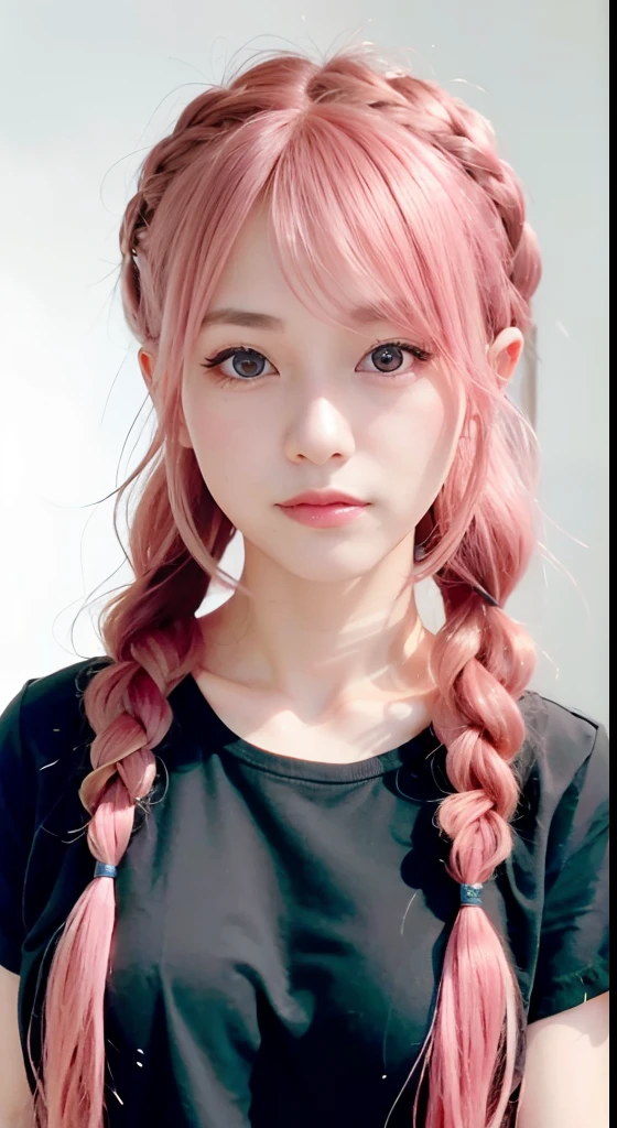 Beautiful woman, Japanese actressl, Look at us and smile, Upper half of the body, incredibly detailed face, Incredibly detailed beautiful eyes, ,(Beautiful),(Feminine features), (18year old:1.4), Solo, 1 woman, (Charming punk girl), Blue eyes,faces、(A smile:1.5),(facing front:1.2),(Dark clothes), (Band T-shirt), (Ripped jeans), Focus on Face, Medium hair with pink hair, (Pink hair), Ear Hair, small tits, Single braid, (Single braid), (Side braid) ,masutepiece, High quality, Best Quality, Highly detailed, Insanely detailed, 4K