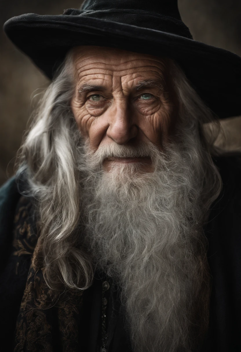 A portrait of a wizard, barbu, wrinkled, elderly, with piercing eyes, Detailed face, High Details, photographie, Studio sombre, rimlight, Nikon D850, 50 mm, f/1.4