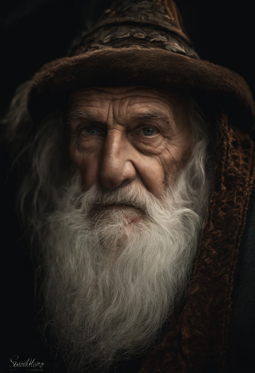 A portrait of a wizard, barbu, wrinkled, elderly, with piercing eyes, Detailed face, High Details, photographie, Studio sombre, rimlight, Nikon D850, 50 mm, f/1.4