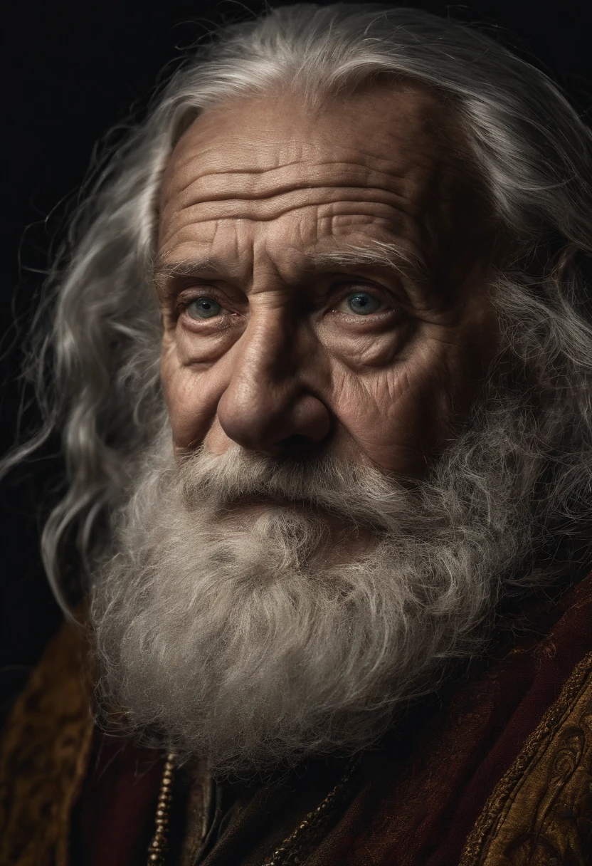 A portrait of a wizard, barbu, wrinkled, elderly, with piercing eyes, Detailed face, High Details, photographie, Studio sombre, rimlight, Nikon D850, 50 mm, f/1.4
