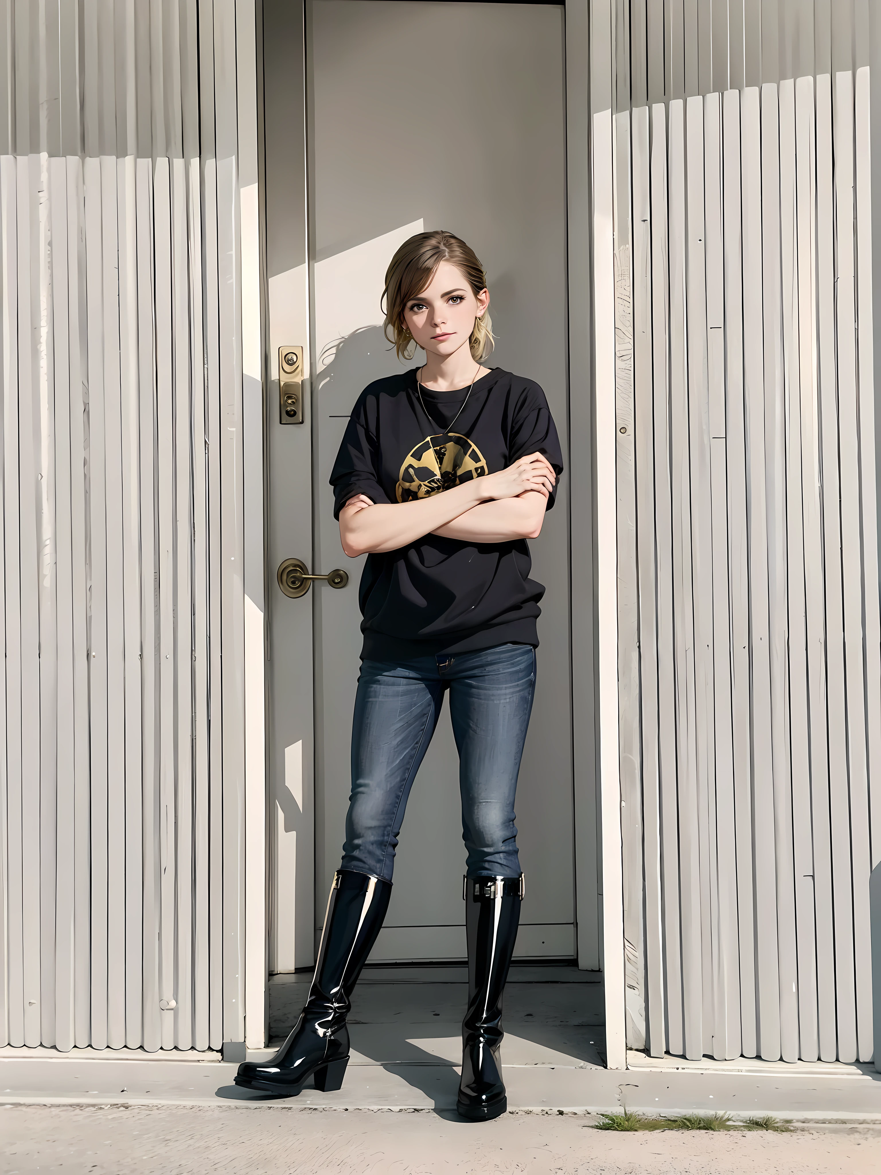Woman standing in front of door wearing shiny boots,