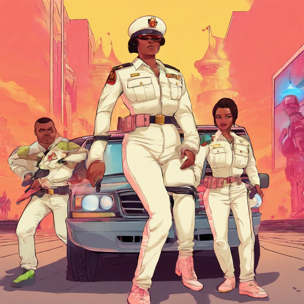 A princess in a white military suit being escorted by a pair of male and female bodyguards. Realistic colors. Realistic Shading.