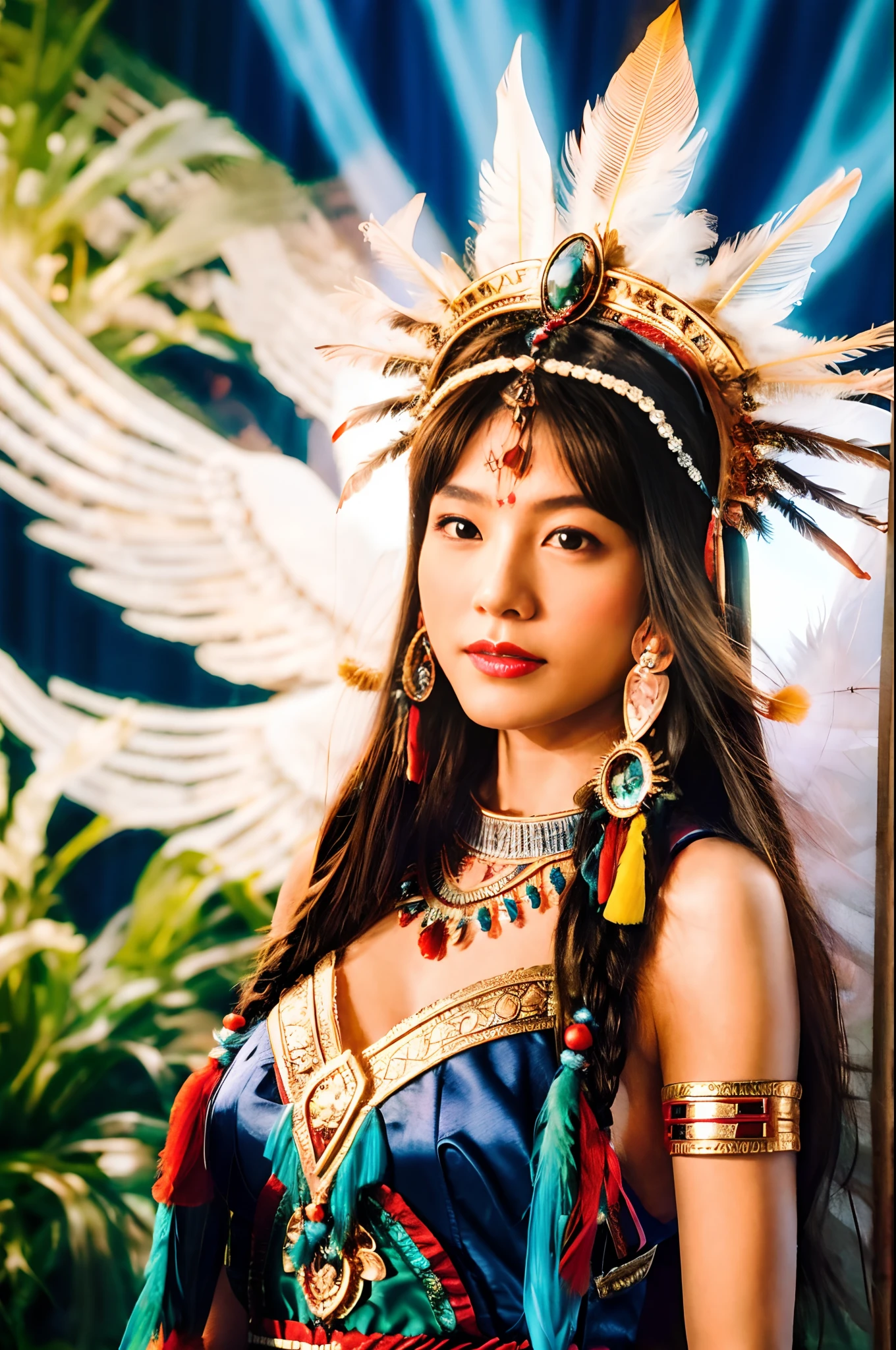 Wear a feather headdress，Arad woman with wings on her head, aztec princess portrait, wearing crown of bright feathers, girl with feathers, Beautiful young woman shaman, She wears shaman's clothes, feathered headdress,Tattoo on the sternum, ornate headdress, Young Women Shaman, karol bak uhd, Head dress, : Native American Shemeon Fantasy, Central headdress