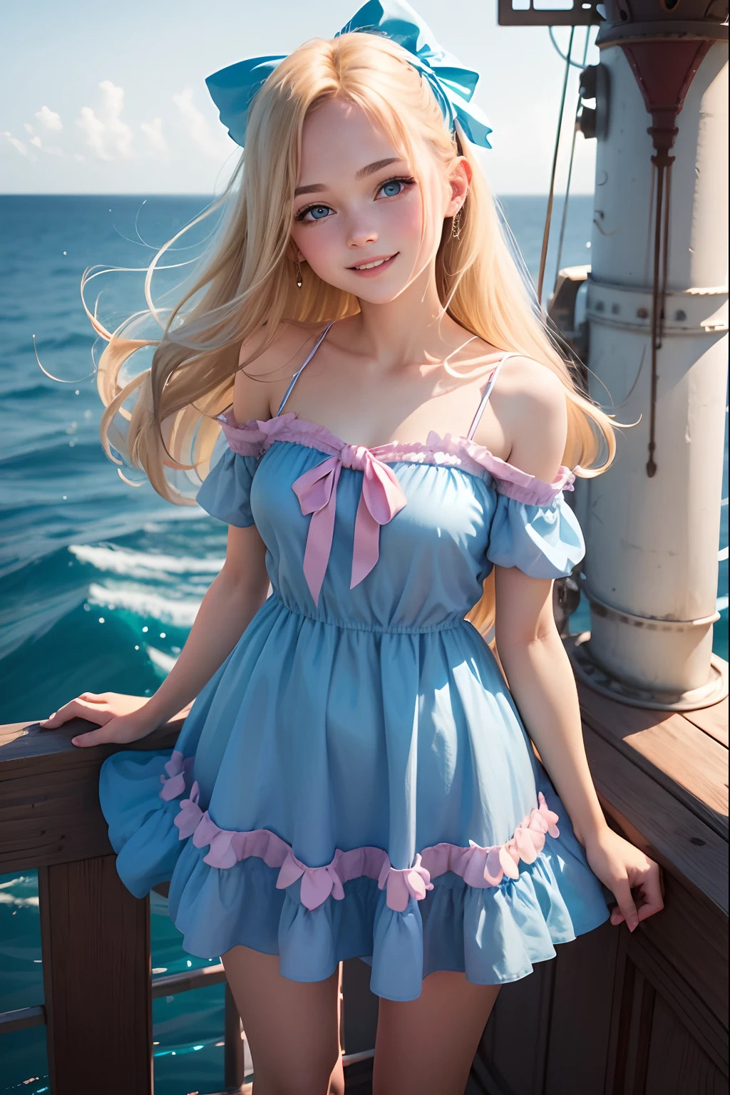 Full portrait photo from top to bottom of an 18 year old girl as pretty as in a fairy tale, wearing a modern, cool short dress, shoulder-length silky blonde hair, blue eyes, pink dress, smiling brightly , standing next to the bow of the ship on the clear blue sea