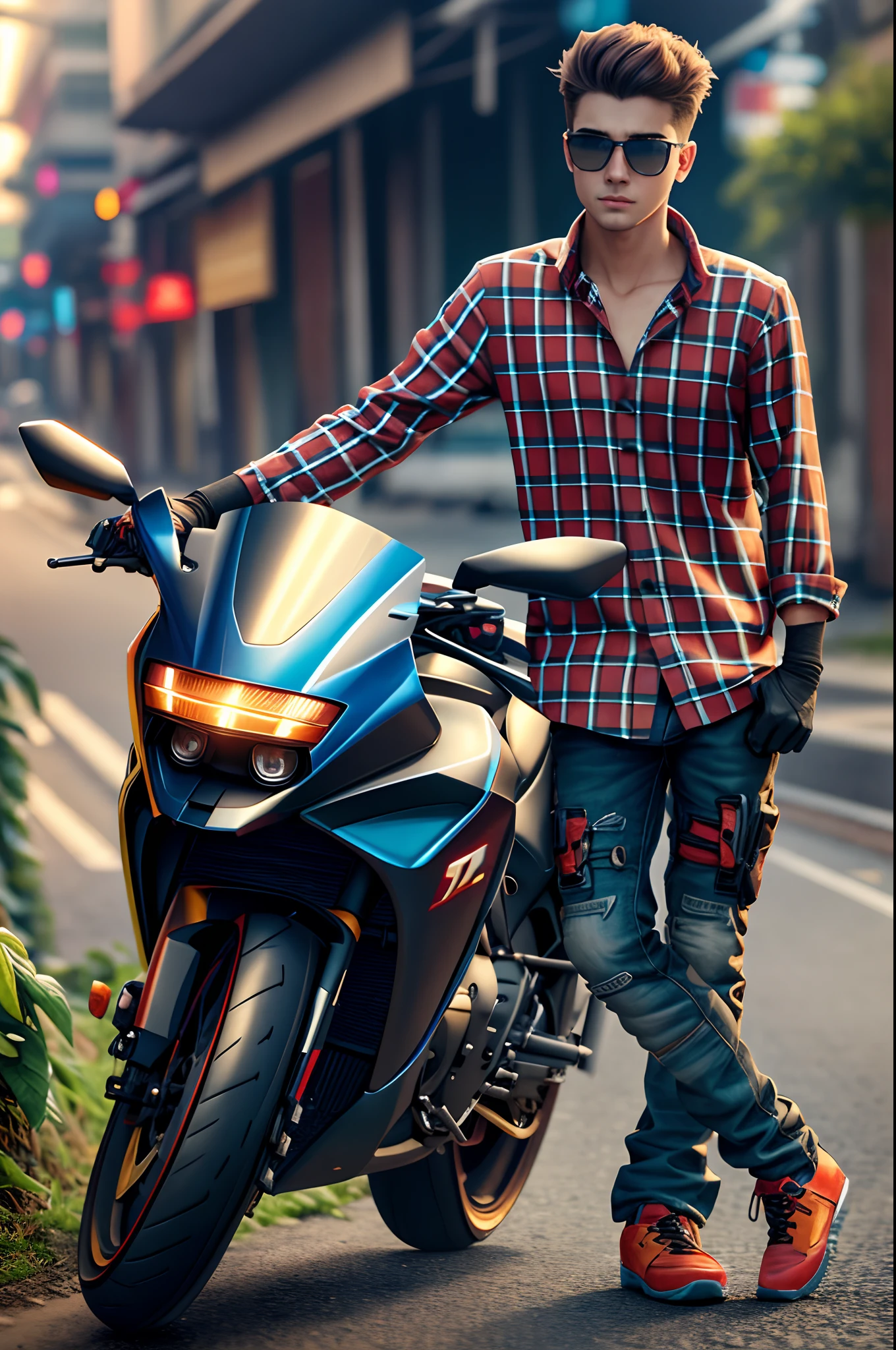 Syberpunk handsome boy, full realistic, change the background, road 4k ultra HD