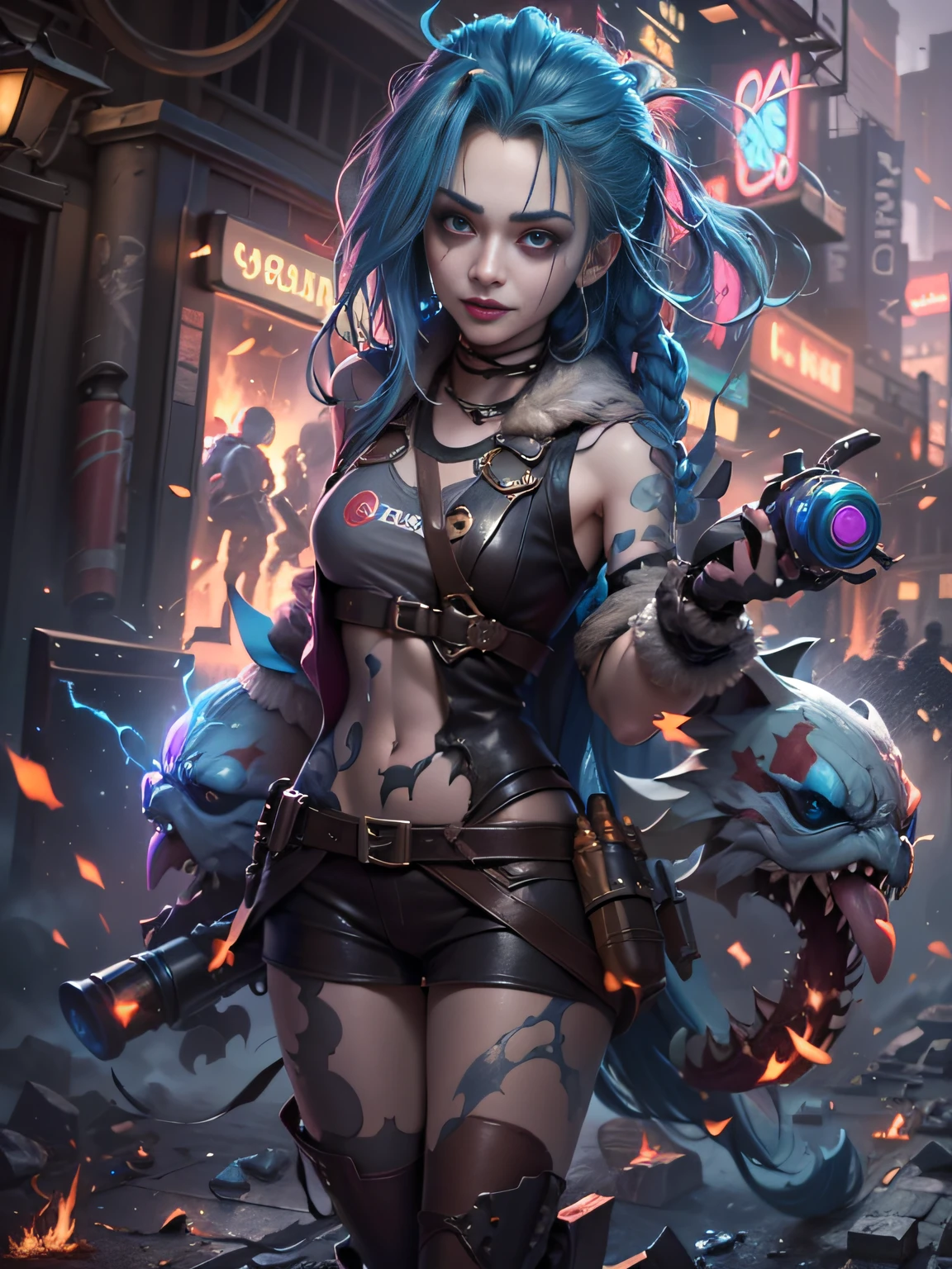 (（（best qualtiy）），（（tmasterpiece）），（The is very detailed：1.3），。.3D，Mystery style，In the dark and resilient dystopian city of Piertofer，Plagued by violence and split into two opposing factions，A young child prodigy named Jinx appears。After enduring unimaginable losses and abandonment，She embraced a life of chaos and destruction。Jinx is known for his creative and explosive abilities，Become an idol against the oppressive forces that control the city。Sin embargo，She is haunted by guilt and inner demons，She must face her past，And decided to continue on the path of anarchy，Or seek salvation in the midst of turmoil。Explore the journey of Jinx，She sails through a dangerous world，Fight for survival，Uncovering Secrets，And discover the true meaning of her distorted existence，Chaos reigns supreme，And at the heart of it all is Jinx，The embodiment of unpredictability。Delve into Jinx's twisted mind，exploring the origins of her madness and the driving force behind her destructive nature。Uncover the moments that molded her into the crazy and iconic character we know。Take us on a wild journey，Travel through the vibrant streets of Piertover and the gloomy hinterland of Zaun，Jinx wreaks havoc with her explosive arsenal。Can salvation enter Jinx's broken soul？Or will she always dance on the edge of sanity，Embrace the chaos that drives her existence？The fate of Arcane hangs in the balance，Because Jinx's path is intertwined with unlikely allies and formidable enemies。Ignite your imagination，A vivid portrait depicting Jinx's twisted mind，Capture the essence of her madness and the spirit that defines her，hdr（HighDynamicRange），Ray traching，NVIDIA RTX，Hyper-Resolution，Unreal 5，sub surface scattering，PBR textures，Post-processing，Anisotropy Filtering，depth of fields，Maximum clarity and sharpness，Many-Layer Textures，Albedo e mapas Speculares，Surface coloring，Precise simulation of light-material interactions，perfectly proportions), (fisheyelens), self-shot, Cowboy shot, Wind, Messy hair, cyberpunk city landscape, (Aesthetics and atmosphere:1.2),Smiling, Laughing
