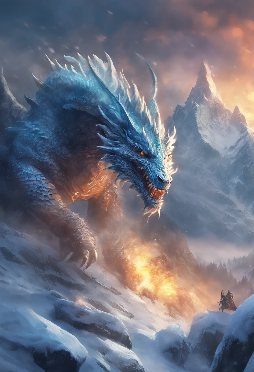 A snowy mountain, a dragon, a war
(best quality,4k,8k,highres,masterpiece:1.2),ultra-detailed,(realistic,photorealistic,photo-realistic:1.37),HDR,UHD,studio lighting,ultra-fine painting,sharp focus,physically-based rendering,extreme detail description,professional,vivid colors,bokeh,landscapes,horror

Tags:
snowy mountain, dragon, war, intense battle, flying dragon, snowy landscape, soldiers fighting, fierce confrontation, danger, epic scene, warriors, fear, powerful creature, ice and snow, smoke and fire, fighting for survival, freezing cold, majestic dragon, epic war scene, adrenaline rush, mystical dragon, icy breath, determined warriors, heroic battle, magical atmosphere, dramatic lighting, frozen battlefield, chaotic fight, sword fighting, brave heroes, conquer and protect, breathtaking visuals, dark and intense, immense power, battle cries, mythical world