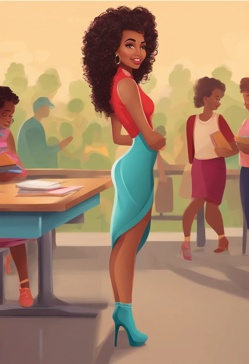 mixed-race girl with Currlys at school in tight-fitting dress
