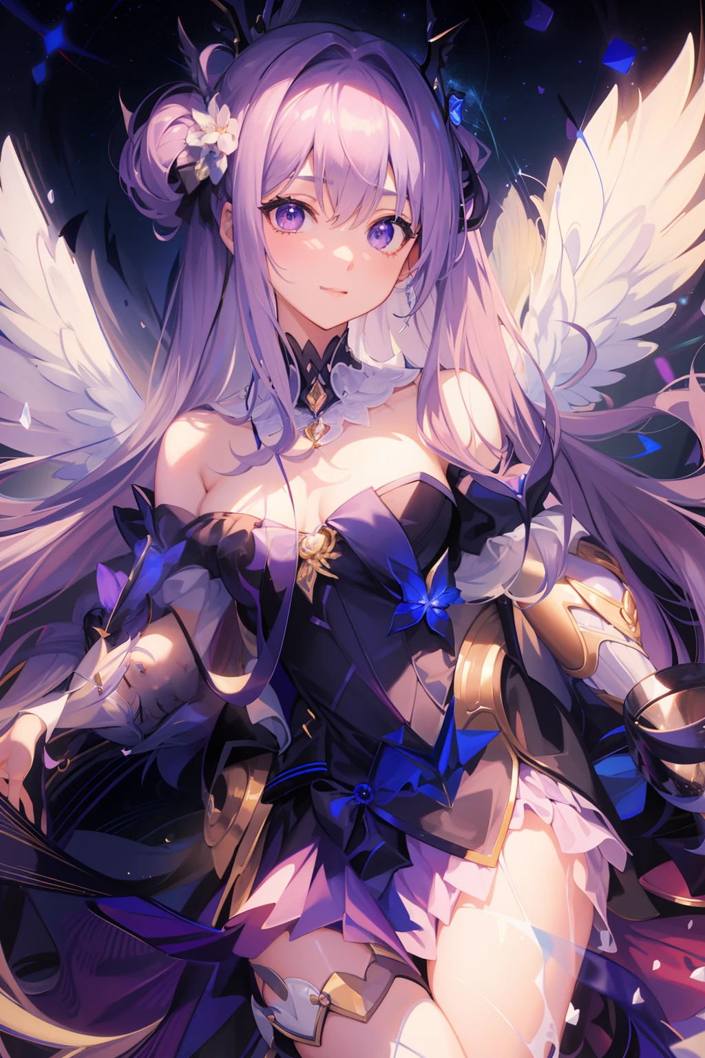 (masterpiece、highest quality, wonderful, very detailedティッカーユニティ、8k wallpaper, Depth of written boundary, Ultra-fine illustration:1.5)、。.。.3D, very detailed, (Full body Esbian、mecha princess girl:1.3), sci-fi battlefield, Hawken, smile, open your mouth、long hair, (purple hair, dark purple eyes:1.2), sparkling eyes, cute顔, cute, big breasts, delicate hair, messy hair, (((Flying high in the sky))、blue sky, White cloud), shiny hair, shiny skin, (Symmetrical mechanical winetallic colored mechanical wings that are widely expanded to the left and right so that they protrude wonderfully from the screen, bite, white hair ornament), (particles of light, cinematic lighting: 1.3), (pale pink lips: 0.8), by Yusuke Murata.