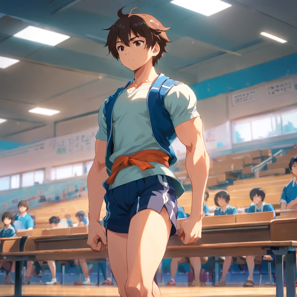 Children over 13 years old , Palerro, Inside the, (tmasterpiece, Best quality, absurderes ), schools,Classroomsss, shirtless kids in school, sweatpants, eyes sadly in the gym room