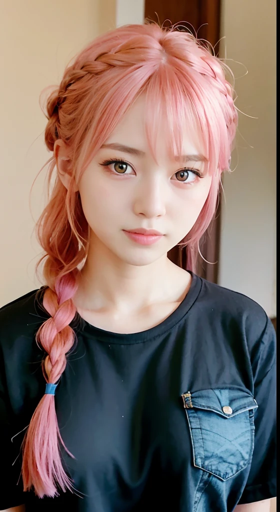Beautiful woman, Japanese actressl, Look at us and smile, Upper half of the body, incredibly detailed face, Incredibly detailed beautiful eyes, ,(Beautiful),(Feminine features), (18year old:1.4), Solo, 1 woman, (Charming punk girl), Blue eyes,faces、(A smile:1.5),(facing front:1.2),(a closeup), (Band T-shirt), (Ripped jeans), Focus on Face, Medium hair with pink hair, (Pink hair), Ear Hair, small tits, Single braid, (Single braid), (Side braid) ,masutepiece, High quality, Best Quality, Highly detailed, Insanely detailed, 4K