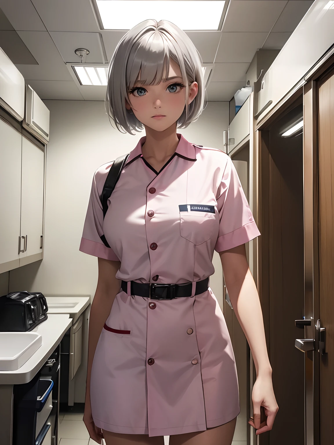 (ultra-realistic, highres, best quality, 4k, professional, cowboy shot), an illustration in Full HD that showcases a 21-year-old girl's cool style, beauty eyes, sharp eyes. Her Asymmetric Pixie hairstyle, silver hair, short hair, and left-facing bangs with red highlights make her stand out. She's dressed in a Pink nurse uniform, hospital room , exuding confidence and individuality.