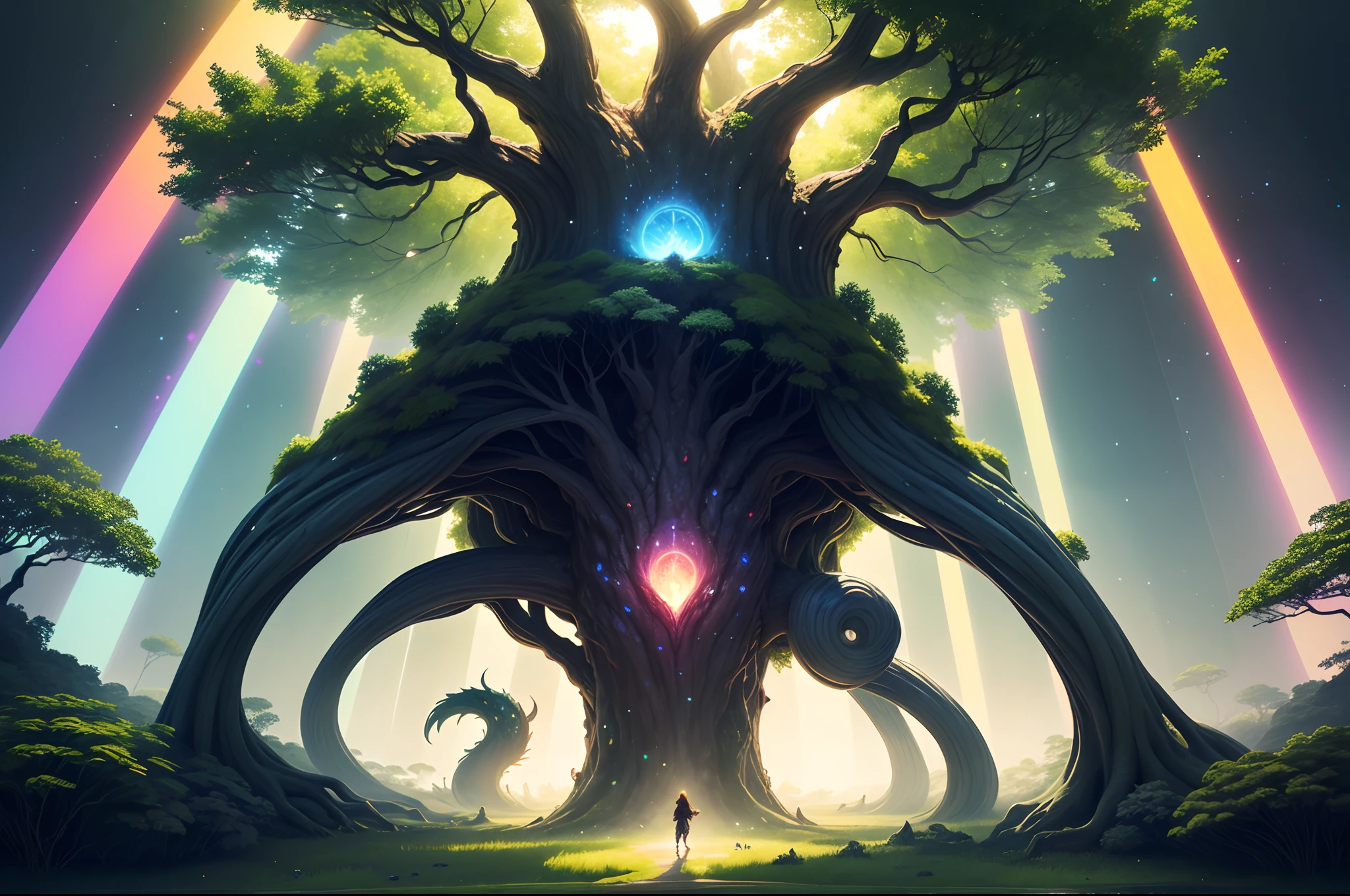 In a vibrant fantasy realm, a colossal, ancient tree stands at the heart of a lush, enchanted forest. Its iridescent leaves shimmer with every hue of the rainbow, casting a kaleidoscope of light on a magical clearing. Mythical creatures frolic amidst the luminescent flora, creating an ethereal and wondrous scene.