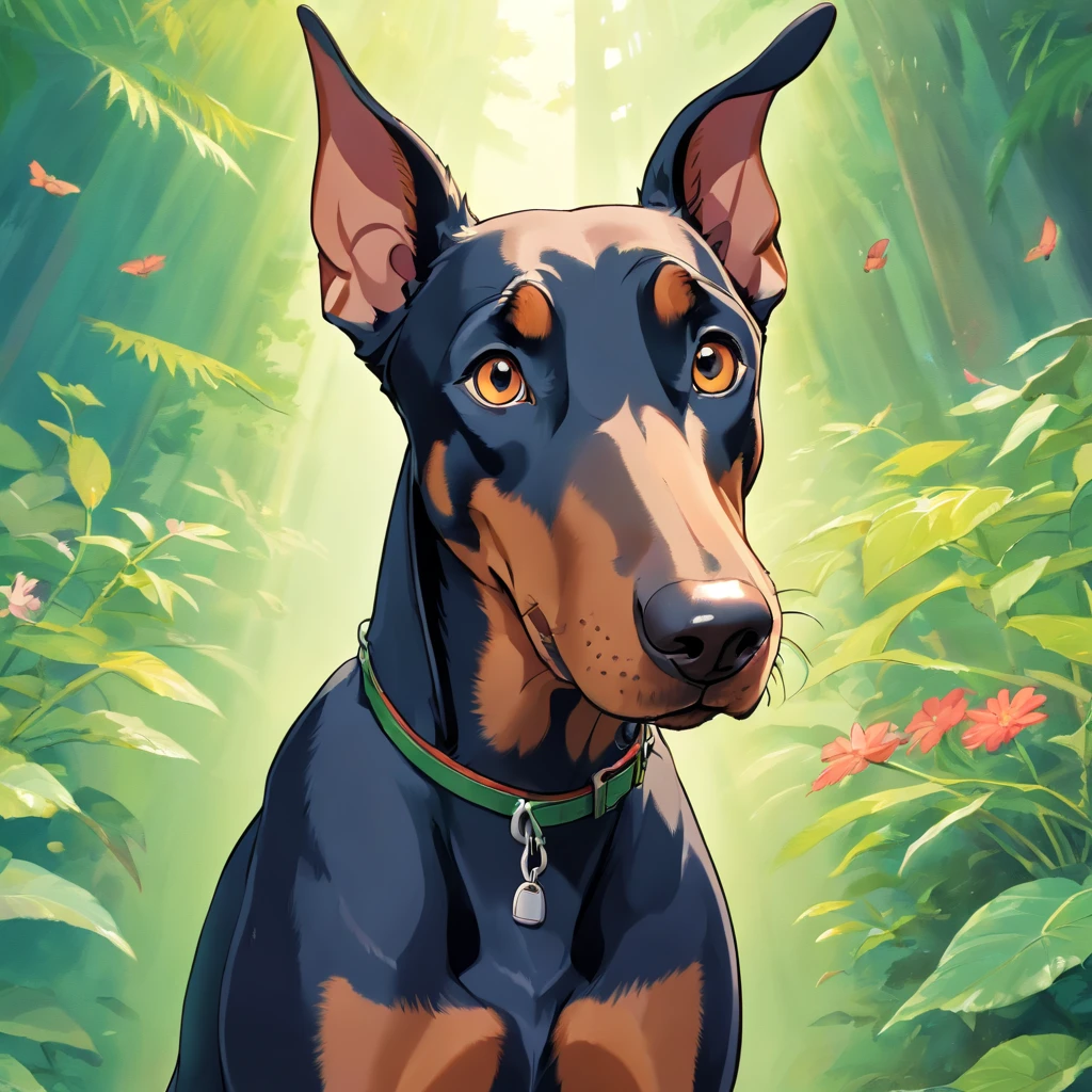 A doberman looking into the camera with a look of surprise and confusion, Looking with his head turned sideways, num lindo jardim