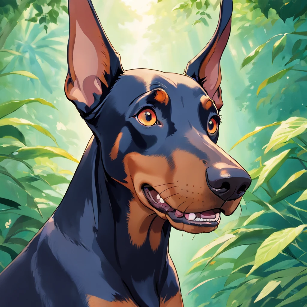 A doberman looking into the camera with a look of surprise and confusion, Looking with his head turned sideways, num lindo jardim