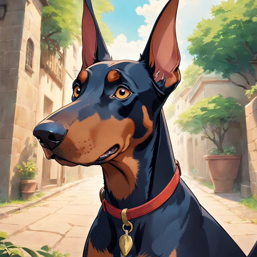 A doberman looking into the camera with a look of surprise and confusion, Looking with his head turned sideways, num lindo jardim