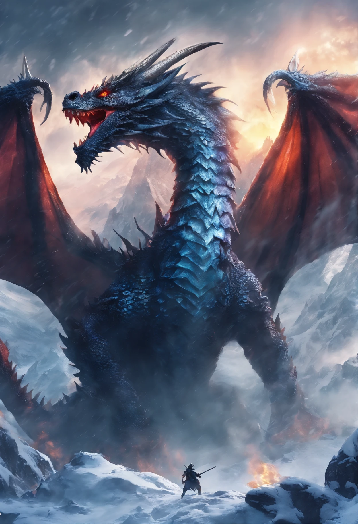 A snowy mountain, a dragon, a war
(best quality,4k,8k,highres,masterpiece:1.2),ultra-detailed,(realistic,photorealistic,photo-realistic:1.37),HDR,UHD,studio lighting,ultra-fine painting,sharp focus,physically-based rendering,extreme detail description,professional,vivid colors,bokeh,landscapes,horror
Tags:
snowy mountain, dragon, war, intense battle, flying dragon, snowy landscape, soldiers fighting, fierce confrontation, danger, epic scene, warriors, fear, powerful creature, ice and snow, smoke and fire, fighting for survival, freezing cold, majestic dragon, epic war scene, adrenaline rush, mystical dragon, icy breath, determined warriors, heroic battle, magical atmosphere, dramatic lighting, frozen battlefield, chaotic fight, sword fighting, brave heroes, conquer and protect, breathtaking visuals, dark and intense, immense power, battle cries, mythical world
