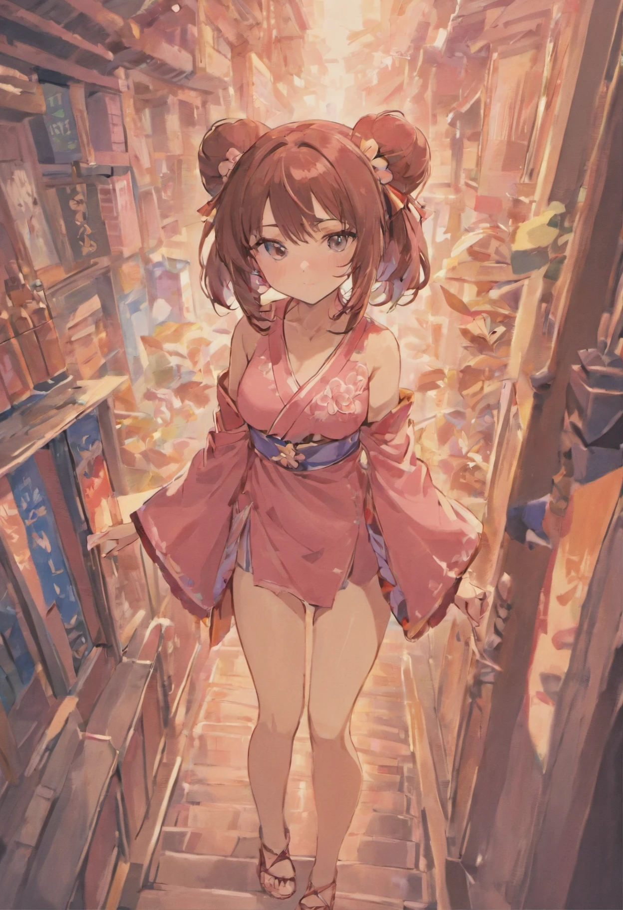 Catgirl,En pie,senos grandes,Muslos,piernas,hombros desnudos,kimono rosa,Sandalias,Sin calcetines,pink nail polish,long brown hair,brown eyes,enojado