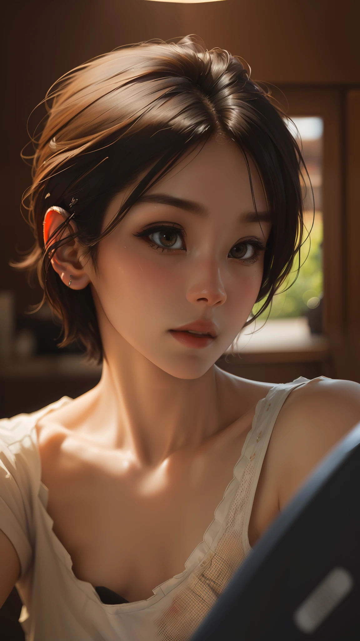 (8K, RAW, Professional, Best Quality, Masterpiece: 1.2, Ultra Detail, (Portrait), (Highest Detail Face: 1.2), 1 Girl, Dynamic Angle, Short Hair, Dramatic Light,