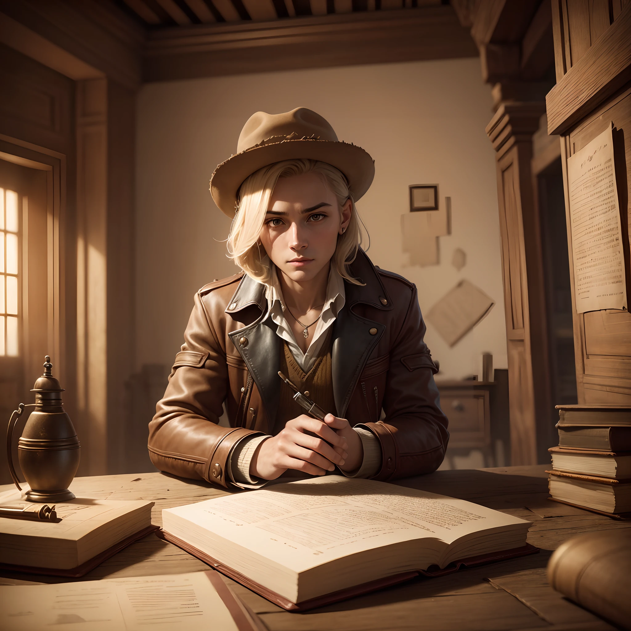 lone researcher,exploring ancient ruins,dusty ancient library room,old manuscripts and scrolls lying around,stacks of books,creating theories and hypotheses,finding hidden secrets,analyzing data,lost civilizations and ancient artifacts,wearing an old explorer's hat and a worn-out leather jacket,holding a magnifying glass and a notebook,searching for clues in faded maps,expert in deciphering ancient languages,meticulously examining delicate relics,surrounded by candlelight,finding the missing link,unraveling mysteries of the past,late nights spent in solitude,deep in thought and reflection,(best quality,4k,8k,highres,masterpiece:1.2),ultra-detailed,realistic,photorealistic:1.37,old parchment texture,subtle sepia tone,gentle warm lighting