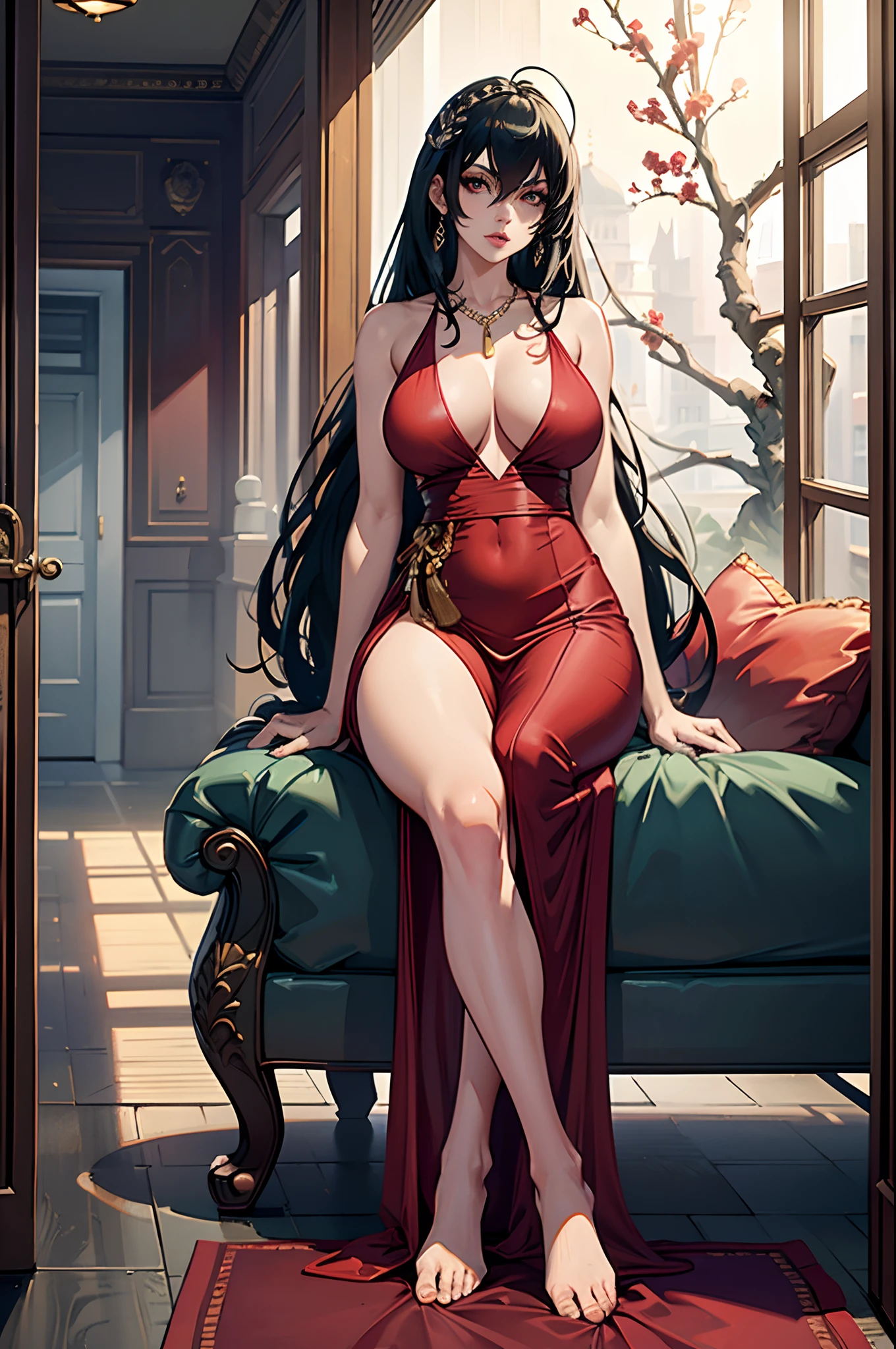 taihou, mature woman sitting by the huge window in a corridor of a grandiose palace, wearing a short sexy and elegant red dress, while playing with a small white dog with her bare foot, older female, long black hair, hair accessory, earings, thin necklace, large breasts, cleavage, bare legs, shaped thighs, barefoot, red dress, short dress, elegant dress, by the window, palace, red carpet, corridor, morning light, sunlight, ethereal, looking at viewer, seductive anime girl, seductive look, sexy pose, full body, (full body shot:1.1), beautiful detailed eyes, beautiful detailed girl, curvy:1.1, dynamic pose, fashion clothing with diverse colors, perfect eyes, perfect face, perfect retina, perfect hands, perfect fingers, perfect feet, perfect toes, ultra detail face, ultra detail hair, very detailed eyes and face, ambient occlusion, cinematic lighting, field of view, fluid motion, harmony, interconnected elements, movie lighting, photorealistic lighting, realistic shadows, (vibrant colors:1.05), vivid lighting, warm and cool color palette, amazing, solo, trending on artstation pixiv, 8k wallpaper, best quality, CG, detailed painting, fine detail, (High Quality:1.4), high resolution, huge file size, illustration, Intricate Details, masterpiece, (photorealistic:1.4), professional artwork, (raw photo:1.2), reflective art, sharp focus, super detailed, unified, very detailed, extremely detailed artgerm, (nsfw) Not Safe For Work,