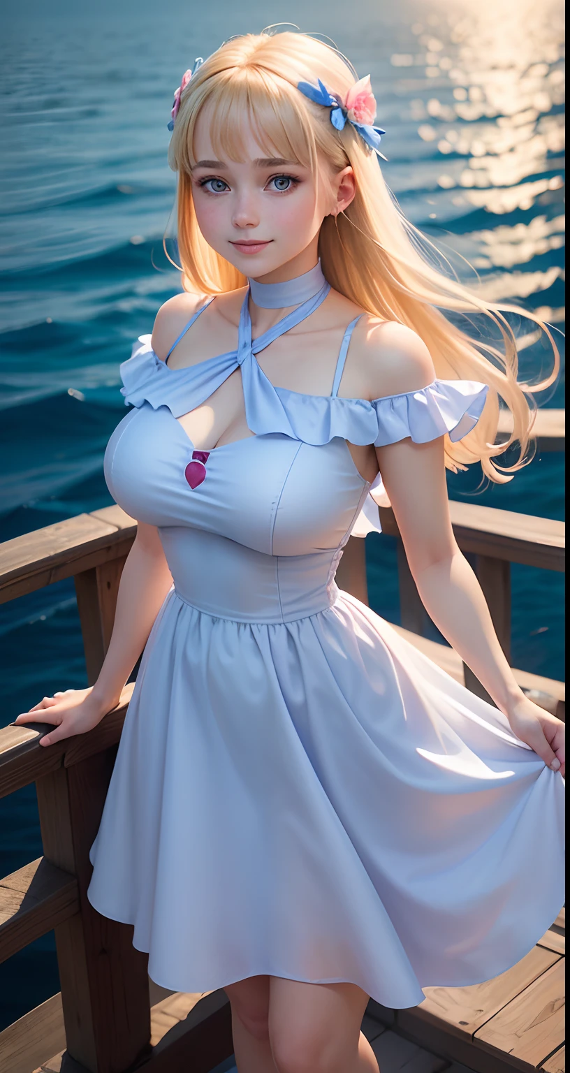 Full portrait photo from top to bottom of an 18 year old girl as pretty as in a fairy tale, wearing a cool, modern short dress, shoulder-length silky blonde hair, blue eyes, pink dress, smiling brightly , big breasts, slim waist, long white legs, standing next to the bow of the ship on the clear blue sea