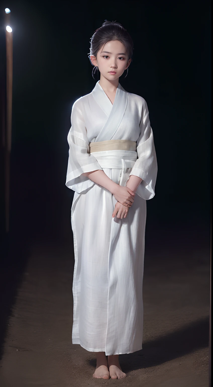 ((Best quality, 8K, Masterpiece :1.3)), Sharp focus:1.2 , Photorealsitic,(Cinematic lighting),Facial detail texture. Eye details. Double eyelids, Slender body. Super small breasts, -yeld gi photo-realistic:1.37,Perfect eyes, ((1 Girl in a loose white yukata)),(white sash),(Ultra-thin fabric),((Ragged linen)),With a petite figure,brunette color hair,hair-bun,Qi bangs,Stand in the snow,The barefoot,Full body like,Clothing covers the whole body,folds,((solid color backdrop)),is shy,Be red in the face
