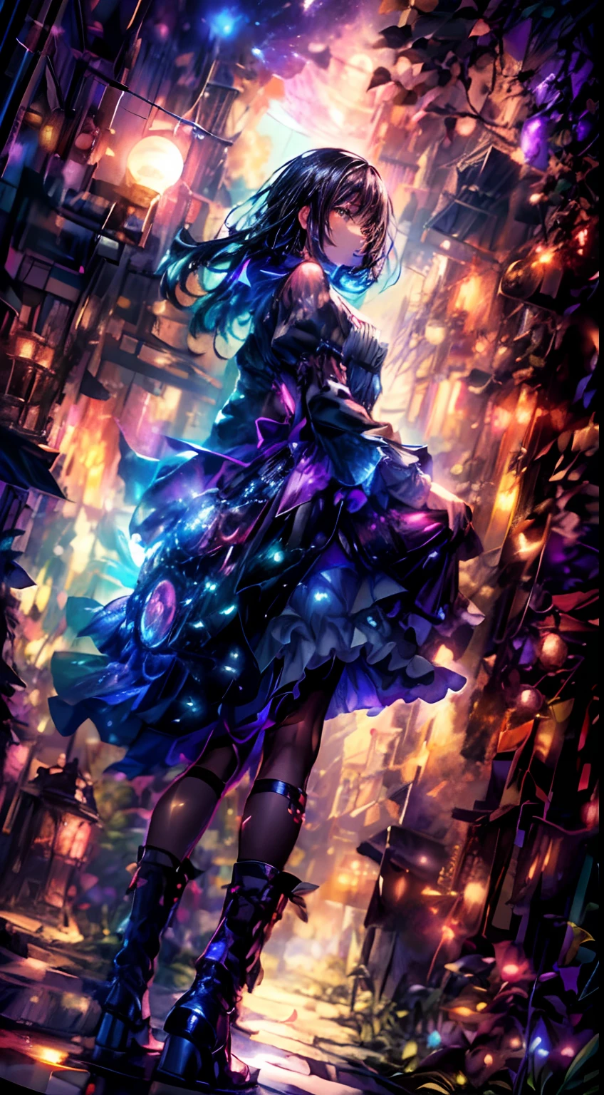glitter neon eyes black hair short hair pocket watch necklace necklace girl cyberpunk vast photo、(Bottom view showing open country above and below)、Girl standing in a flower garden and looking up(fullmoon:1.2)、(shooting stars:0.9)、(nebulas:1.3)、mountain in the distance、BREAK tree Production Art、(Warm light source:1.2)、(fireflys:1.2)、abajour、Lots of Purples and Oranges、intricate detailes、Volumetric lighting、BREAK Realism(master piece: 1.2) , (Top image quality), 4K, The ultra-detailliert, (dynamic compositions: 1.4), high detailing, Colorful Detail, (Irridescent color: 1.2), (Bright lighting, Atmospheric lighting), dream-like, Magical, (独奏: 1.2)