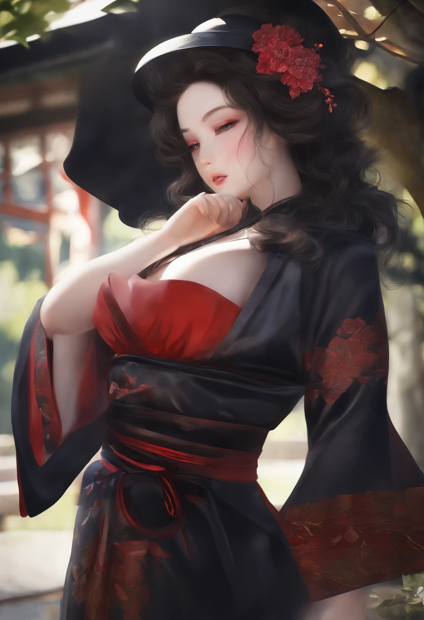 Japanese Temples、Visiting graves、 Realistic kimono woman、Holding incense sticks、Woman Visiting the Grave、Raw photo、Photorealistic、Realistic、Absurd、High resolution、landscape、Japanese Templesの前に立つ少女、Camel Toe、Giant tit、Nipple Puffs、Cleavage、Plump、Super big breasts、Super big butt