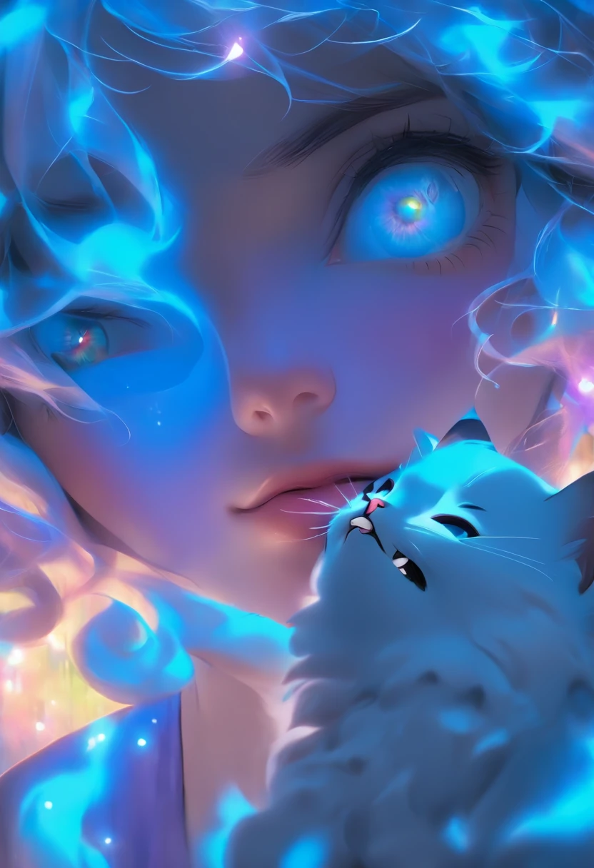 detail, Realism, 4K, Beautuful Women, facial detailing, Big blue eyes, Plump lips, Upturned nose, Purple hair and gray hair, Wearing a light blue dress, Cat in his hands, Blue moonlight background, White butterfly in the foreground, Realistic shooting, depth of fields, Soft front light, Glow, nffsw (PastelColors: 1.2), Canon RF 100mm f2.8L 宏 IS USM