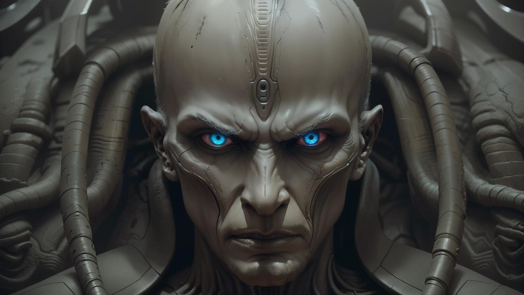 alien man with a head of hair and a face of metal, hr giger. 8 k, movie still of a alien cyborg, realistic alien, frame from prometheus movie, makeup. unreal engine, cgi clay sculpture, highly detailed vfx portrait of, imax close-up of face, highly detailed vfx portrait, cgi art, cgsociety hd --auto --s2
