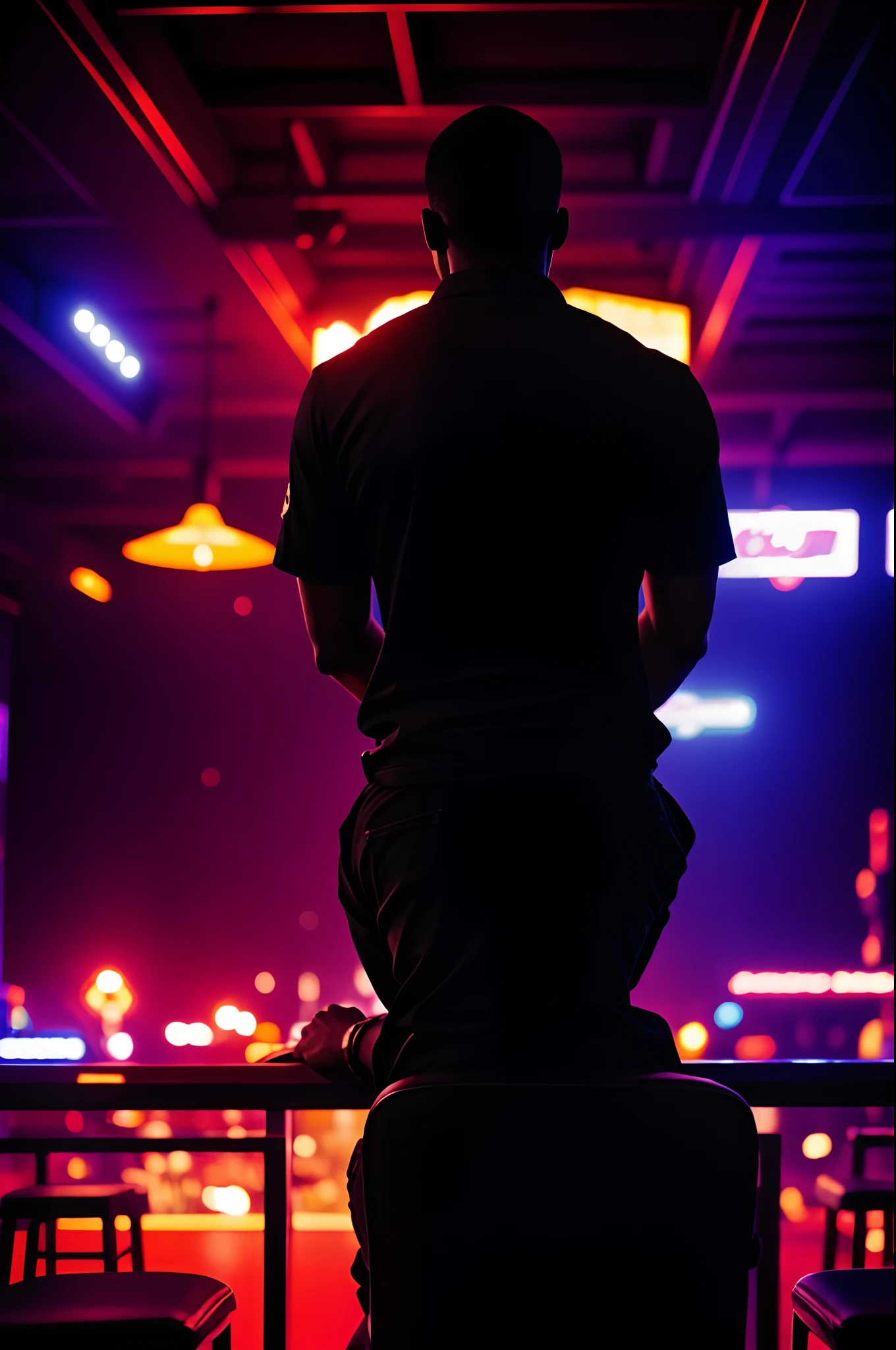 A Shot of a black guy from the back sitting in a night club, Cinematic, 8K res, High Quality