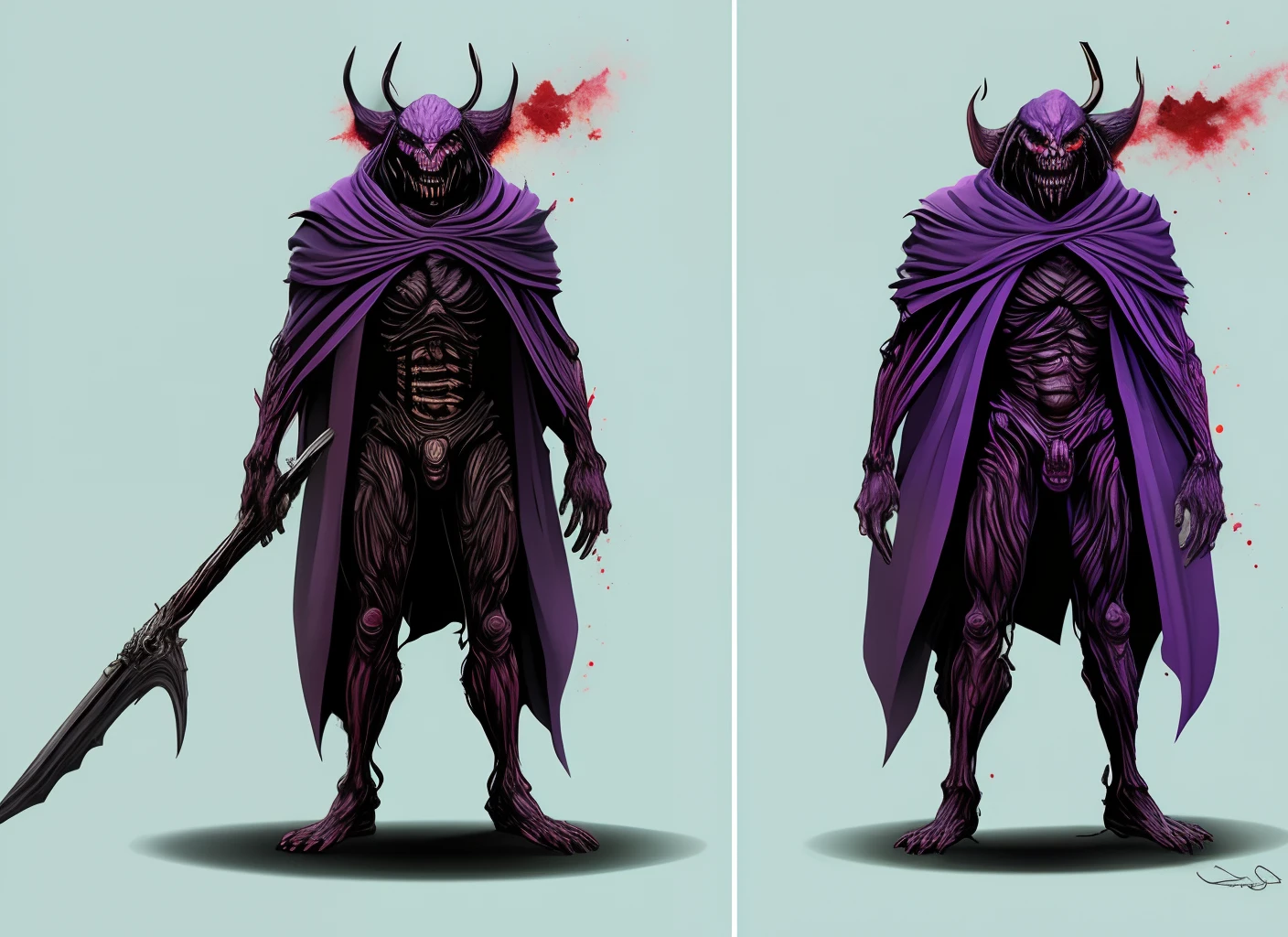 All-Purple Monster Character, Three pairs of hands, Each hand has a different type of weapon, The monster is wearing a black cloak, Two legs tall, naked inflated torso, There are big evil eyes on his face, sharp teeth, through which blood flows,A smirk on his face, Humanoid ,On the right there is one purple horn. Anime style, HD, Rich, vibrant colors