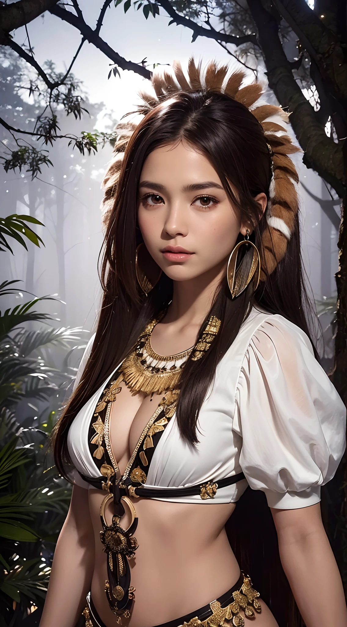 ((ighly detailed)), ((hightquality)), ((Master Parts)), 1 young, Indigenous Brazil, Indigenous features, dark-brown eyes, tanned brown skin, The long-haired, straight haired, Hair falls on the shoulders, She wears traditional indigenous costume, Top made of sheet, Animal skins and bird feathers, She is aiming for the top, A face that conveys a sense of accomplishment, defined muscles,full body Esbian, ciinematic light, Fundo: Mysterious forest at night